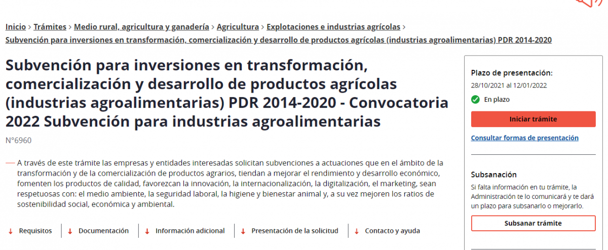Subvención para inversiones en transformación, comercialización y desarrollo de productos agrícolas (industrias agroalimentarias). Hasta el 12 de enero de 2022.
